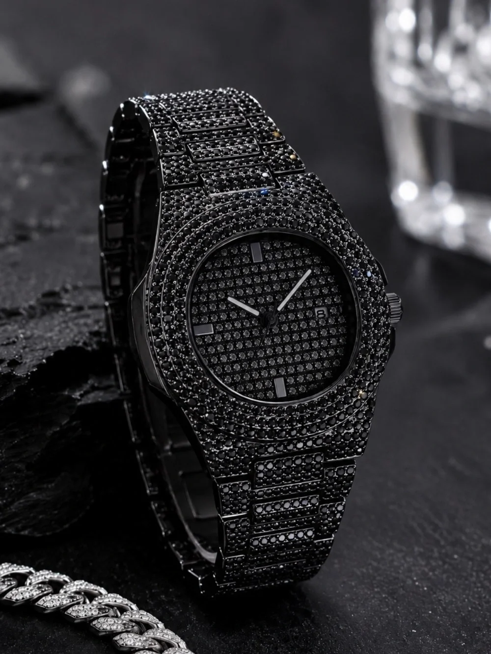 Iced Out VVS1 Simulated Black Diamond Stainless Steel Watch Pavé Set Fully Iced